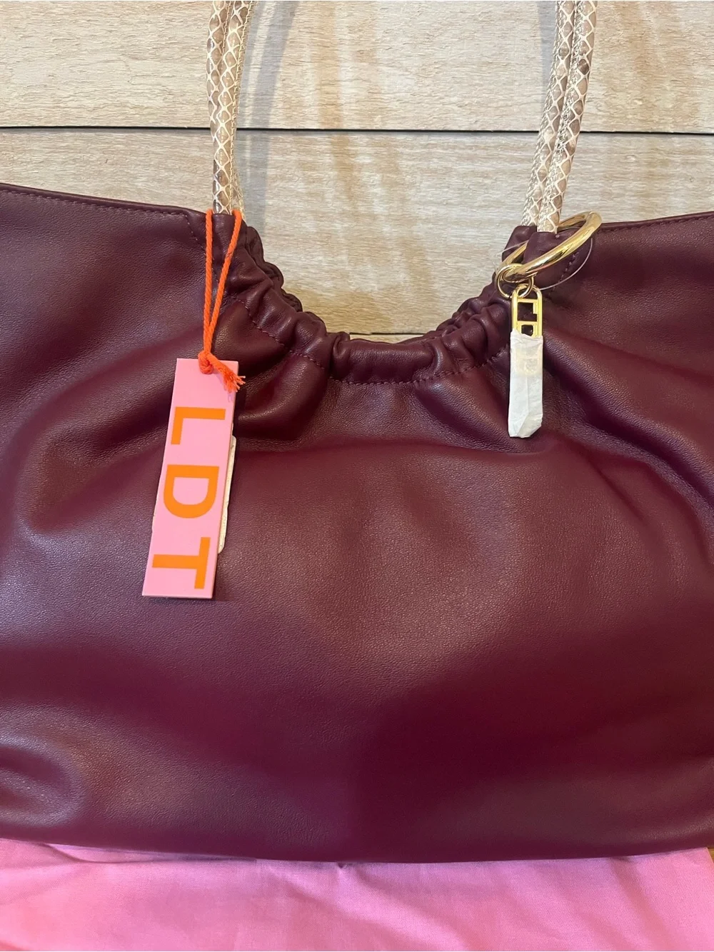 LDT Burgundy Hobo Tote with Braided Snakeskin Cream Handles NWT